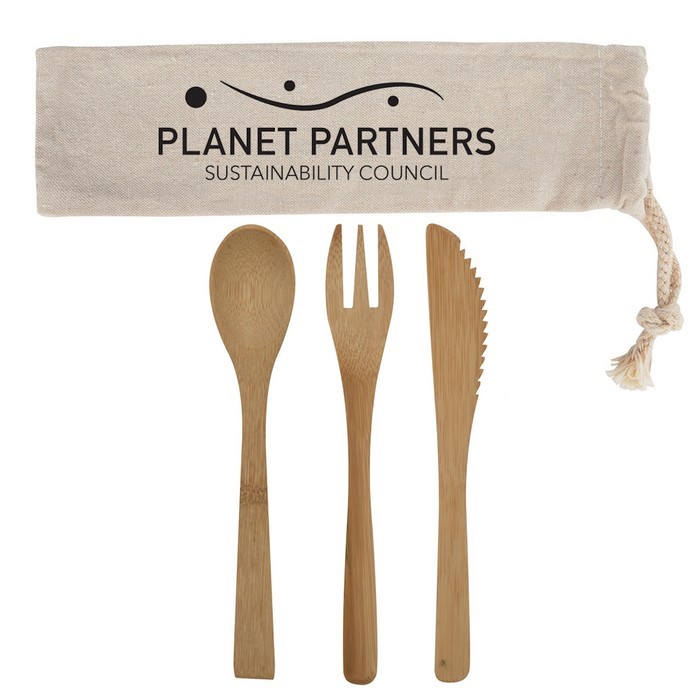 HH2421 3 Piece Bamboo Utensil Set In Travel POUCH With Custom Imprint